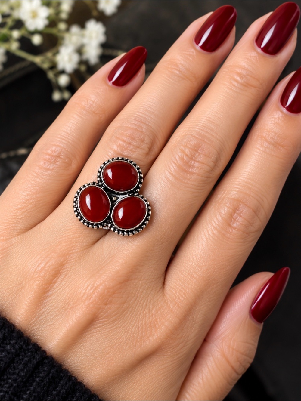 Carnelian Triple Stone Ring